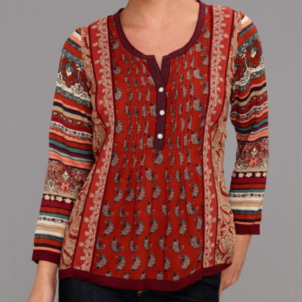 Lucky Brand Rust/Purple/Teal Paisley Long Sleeve Boho Blouse Size XS